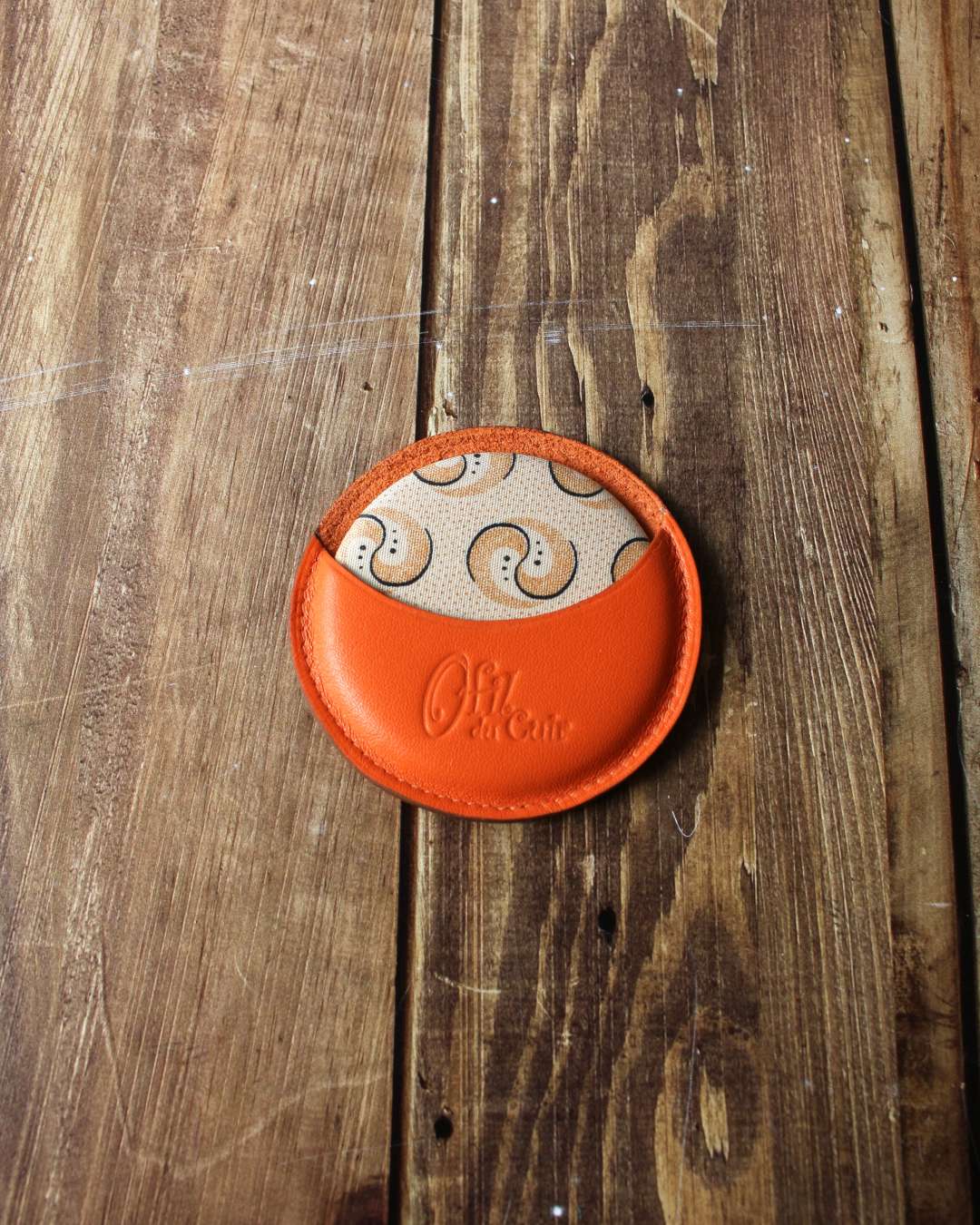 Miroir-de-poche-en-cuir-ORANGE Miroir rond en tissu africain beige avec étui en cuir orange