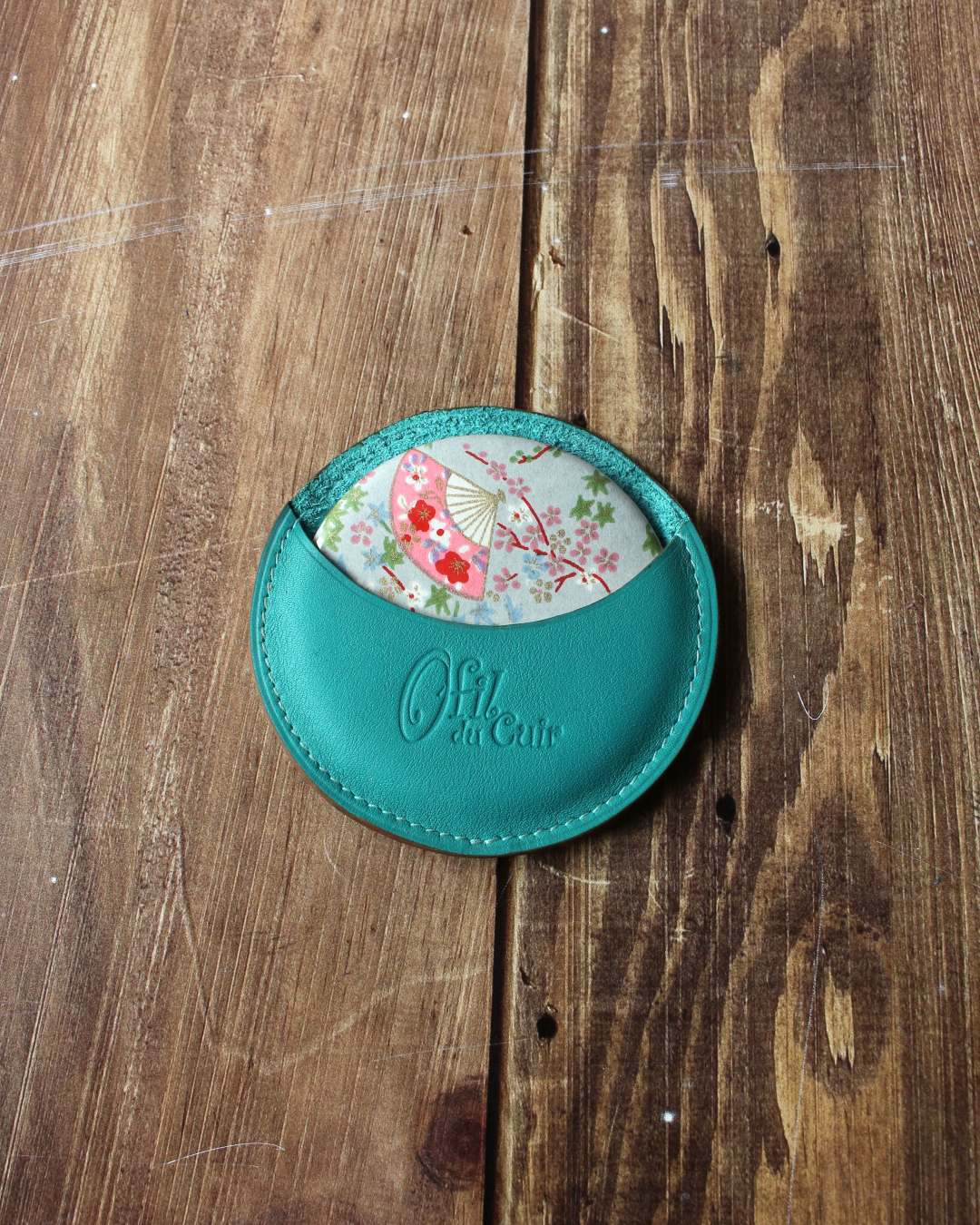 Miroir-rond-bleu-canard Miroir rond en papier japonais avec étui en cuir bleu canard