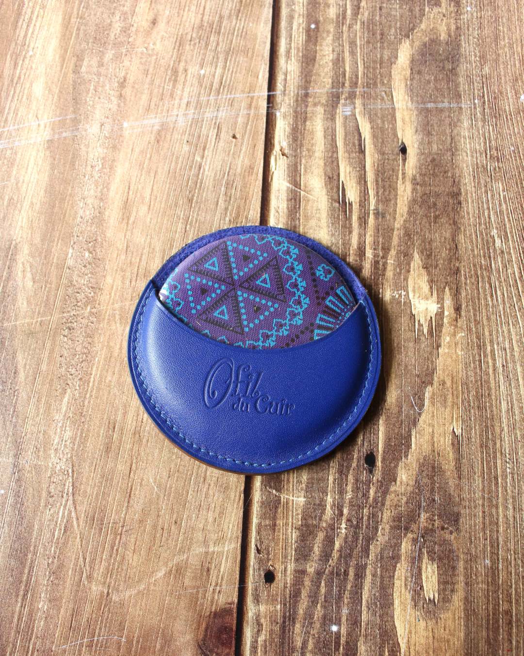 Miroir-rond-bleu Miroir rond en tissu africain mandala violet avec étui en cuir bleu azulon