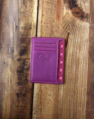 Porte cartes minimaliste en cuir violet avec en doublure du tissu africain